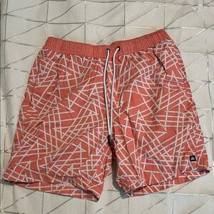 Micros Coral Swim Shorts with White Geometric Design